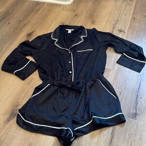 Victoria’s Secret Romper Black Silky Satin w/ White Trim Medium